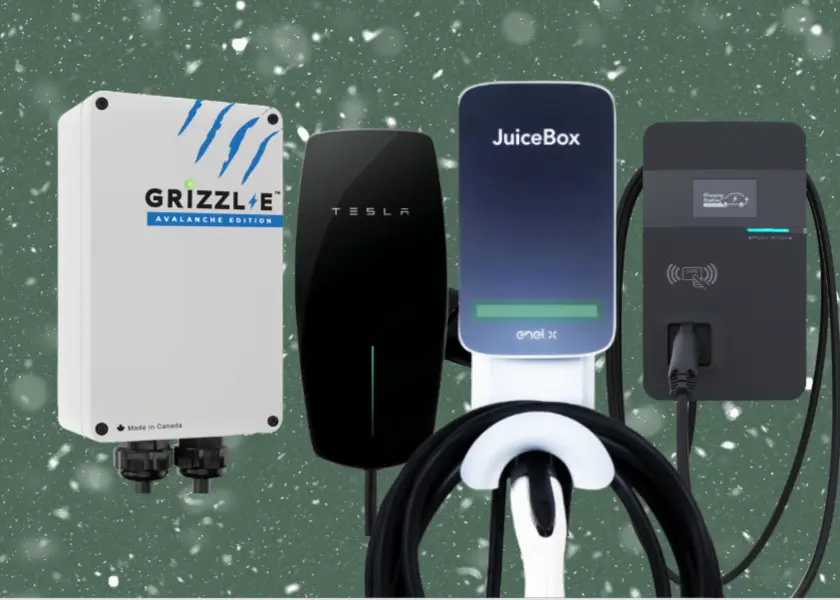 Four EV chargers on green surface and snow Grizzl-e, Tesla, JuiceBox and Phihong