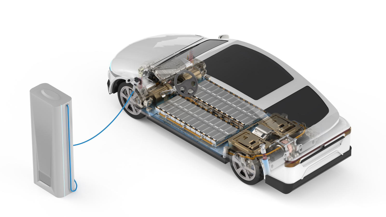 EV car render with view of EV battery 