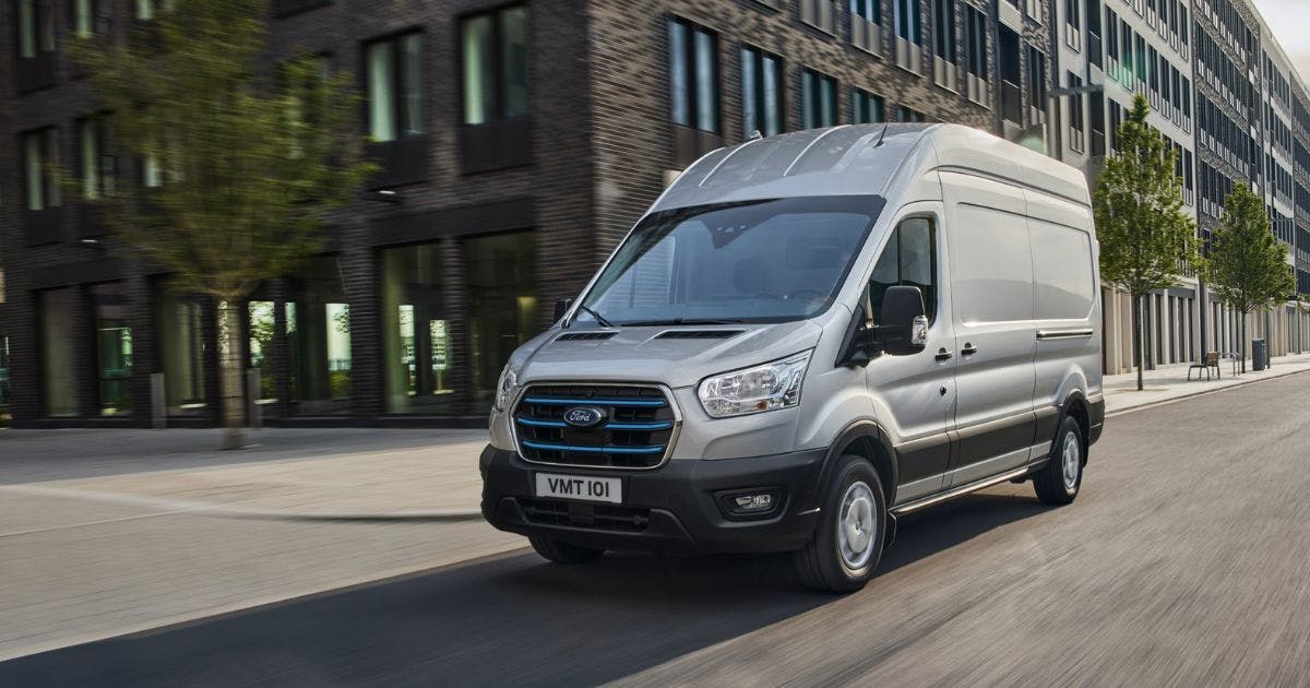 Ford E-transit Van driving in the city